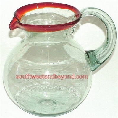 034-E Hand Blown Mexican Glass Bola Pitcher Red Rim