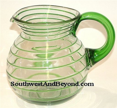 034-H Hand Blown Mexican Glass Bola Pitcher Green Swirl