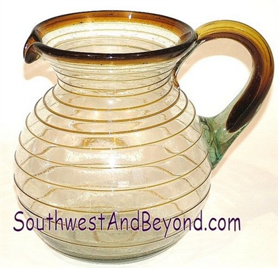034-J Hand Blown Mexican Glass Bola Pitcher Amber Swirl
