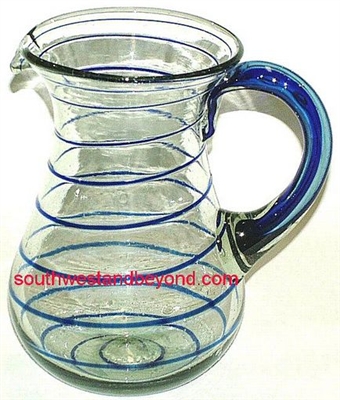 035-A Hand Blown Mexican Glass Pitcher Cobalt Blue Swirl