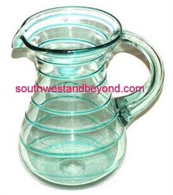035-L Hand Blown Mexican Glass Pitcher Aqua Swirl