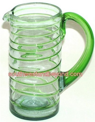 036-H Hand Blown Mexican Glass Pitcher Green Swirl