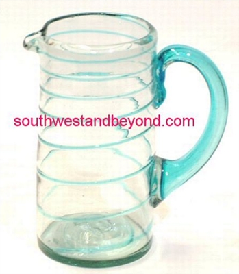 036-L Hand Blown Mexican Glass Pitcher Aqua Swirl
