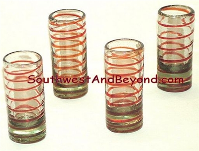 047-J Shot Glasses Hand Blown Shot Glasses Red Swirl Color Rim - 4pc Set
