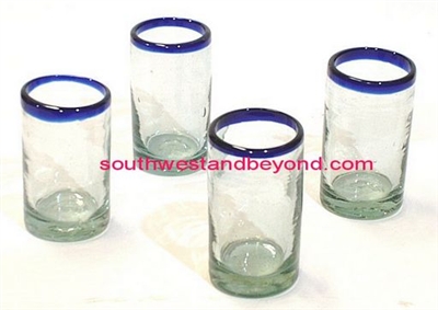 048 Juice Glasses Hand Blown Juice Glasses Cobalt Blue Color Rim - 4pc Set