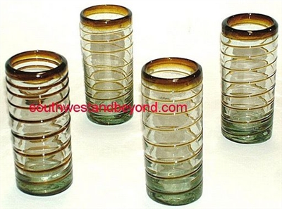048-C Juice Glasses Hand Blown Juice Glasses Amber Swirl Color Rim - 4pc Set