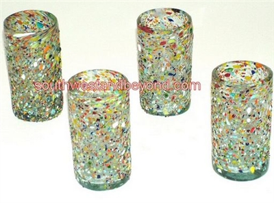 048-D Juice Glasses Hand Blown Juice Glasses Pebbled Confetti Color Rim - 4pc Set