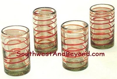 048-M Juice Glasses Hand Blown Juice Glasses Red Swirl Color - 4pc Set