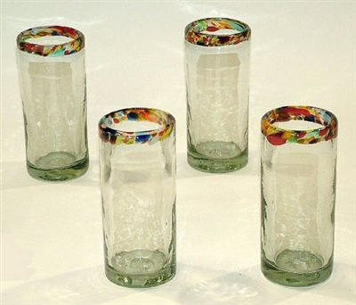 049-B Highball Glasses Hand Blown Highball Glasses Confetti Color Rim - 4pc Set