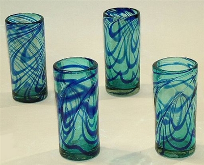 049-H Highball Glasses Hand Blown Highball Glasses Aqua With Cobalt Blue Swirl Color - 4pc Set