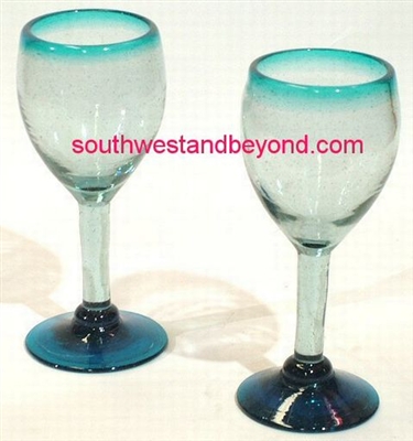 051-A Wine Glass Aqua Rim Color Mexican Glassware - 4 pc Set