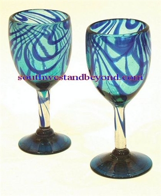 051-H  Wine Glass Aqua With Cobalt Blue Swirl Color Mexican Glassware - 4 pc Set