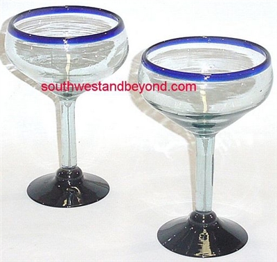 056 Margarita Stemmed Glass Cobalt Blue Rim Mexican Glassware - 4 pc Set