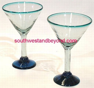 057-A Martini Mexican Bubble Glass Martini Aqua Rim - 4 pc Set