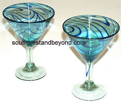 057-E Martini Mexican Bubble Glass Martini Aqua With Cobalt Blue Swirl- 2pc SetConfetti - 4 pc Set