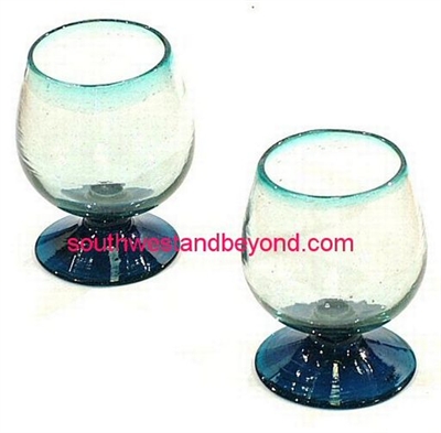 058-02 Brandy Mexican Bubble Glass Brandy Aqua Rim - 4 pc Set