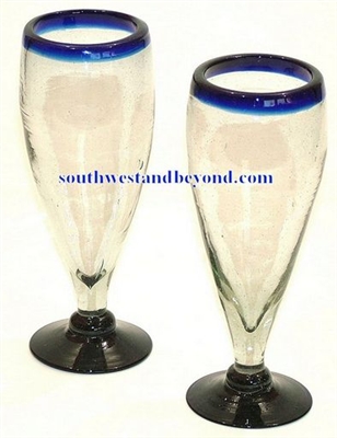 060-1A Beer Mexican Bubble Beer Glasses Cobalt Blue Rim - 4 pc Set