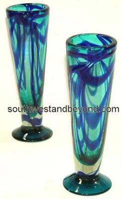 060-2F Specialty Mexican Glass Aqua With Cobalt Blue Swirl - 4 pc Set
