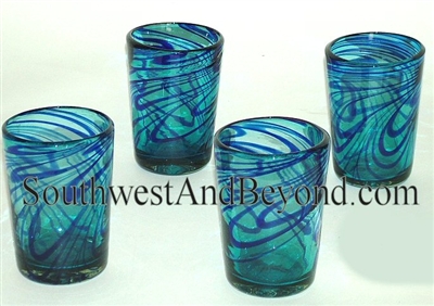 063-C30 Small/Medium Tavern Beer Glass Aqua With Cobalt Blue Swirl- 4pc Set