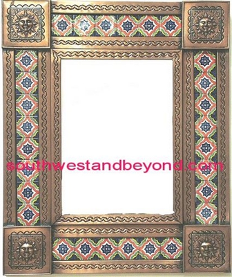 rectangular tin framed hand hammered mirror with talavera tiles - copper