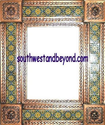 rectangular 21"x15" tin framed hand hammered mirror with talavera tiles - copper