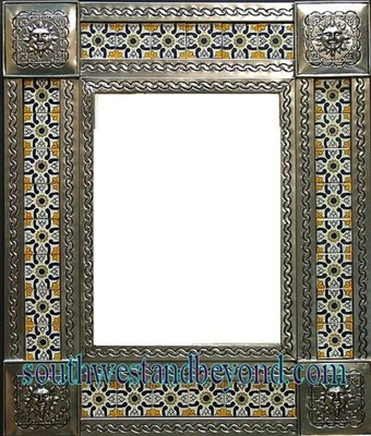 rectangular 25"x21" tin framed hand hammered mirror with talavera tiles - silver color