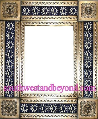 rectangular 21"x15" tin framed hand hammered mirror with talavera tiles - coffee cream color