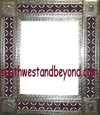 33451-S031 Sun Corner Talavera Tiled Silver Color Tin Frame Mirror