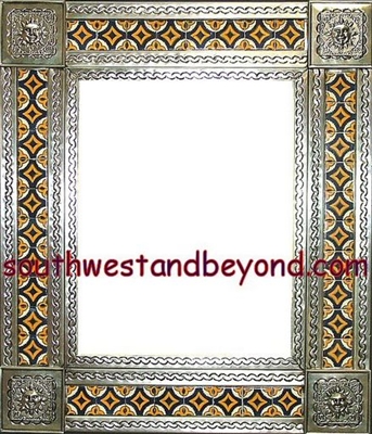 33451-S032 Sun Corner Talavera Tiled Silver Color Tin Frame Mirror