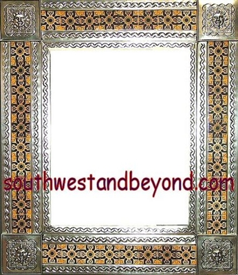 33451-S034 Sun Corner Talavera Tiled Silver Color Tin Frame Mirror