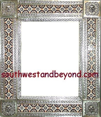 33451-S043 Sun Corner Talavera Tiled Silver Color Tin Frame Mirror
