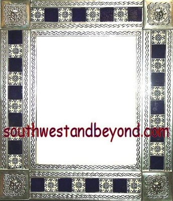 33451-S054 Sun Corner Talavera Tiled Silver Color Tin Frame Mirror