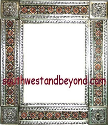 33451-S056 Sun Corner Talavera Tiled Silver Color Tin Frame Mirror