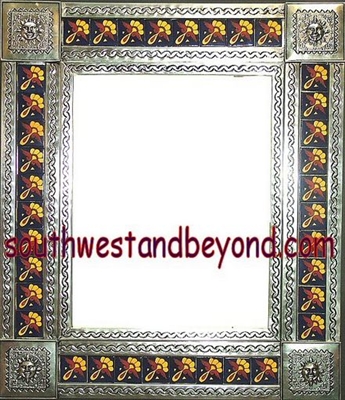 33451-S060 Sun Corner Talavera Tiled Silver Color Tin Frame Mirror