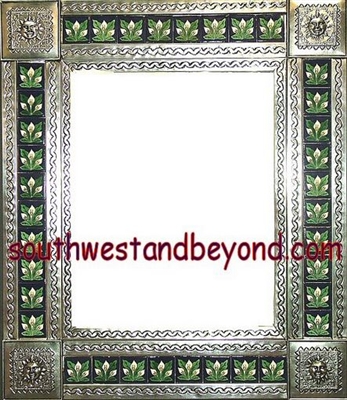 33451-S098 Sun Corner Talavera Tiled Silver Color Tin Frame Mirror