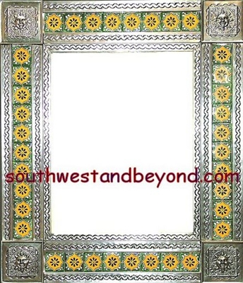 33451-S115 Sun Corner Talavera Tiled Silver Color Tin Frame Mirror
