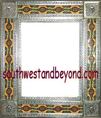 33451-S180 Sun Corner Talavera Tiled Silver Color Tin Frame Mirror