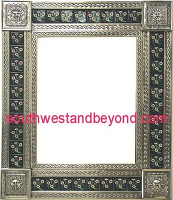 33451-S192 Sun Corner Talavera Tiled Silver Color Tin Frame Mirror