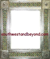 rectangular tin framed hand hammered 29"x25" mirror with talavera tiles - silver
