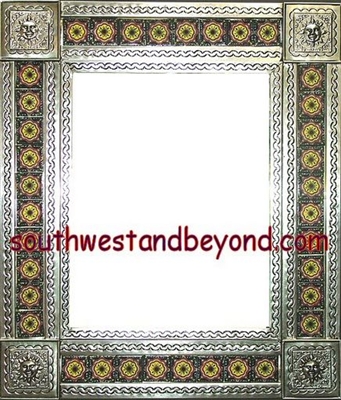 rectangular tin framed hand hammered 29"x25" mirror with talavera tiles - silver