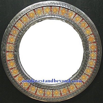 Mexican Round Tin Framed Mirror with Talavera Tiles - Silver
