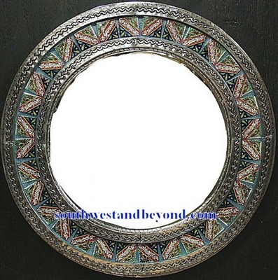 33452-S12 Mexican Round Tin Framed Mirror with Talavera Tiles - Silver Color