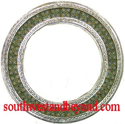 33452-S13 Mexican Round Tin Framed Mirror with Talavera Tiles - Silver