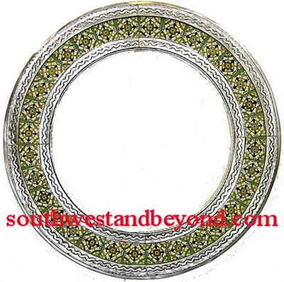 33452-S14 Mexcian Round Tin Framed Mirror with Talavera Tiles - Silver