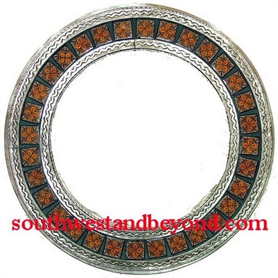 33452-S19 Mexican Round Tin Framed Mirror with Talavera Tiles - Silver