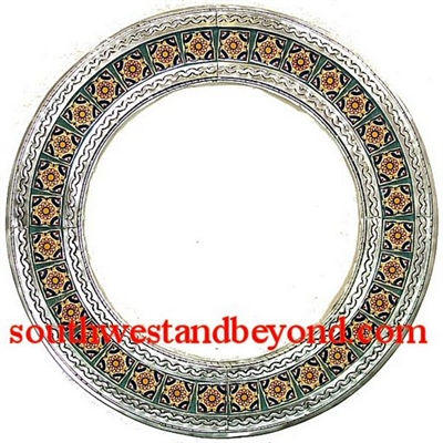 33452-S28 Mexican Round Tin Framed Mirror with Talavera Tiles - Silver