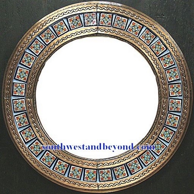 33452-crm13 Tin Frame Round Talavera Tiled Coffee Cream Color Tin Mirror