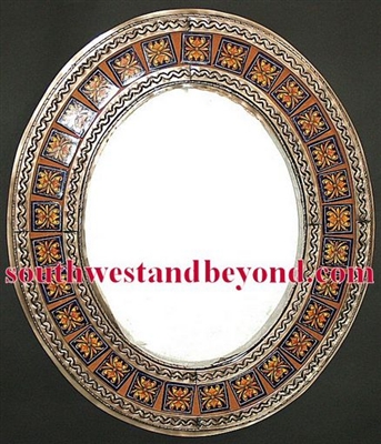 33453-c03 Mexican Oval Tin Framed Mirror with Talavera Tiles - Copper