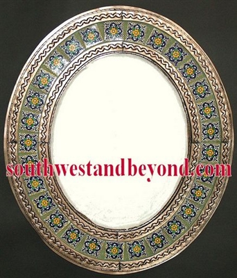 33453-c12 Mexican Oval Tin Framed Mirror with Talvera Tiles - Copper