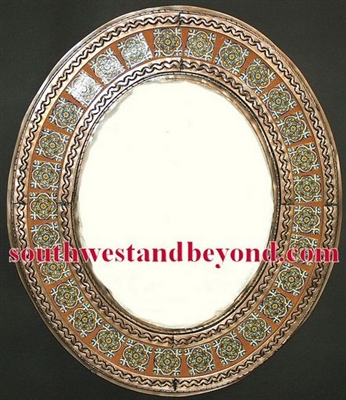 Mexican oval tin framed mirror with talavera tiles - copper color